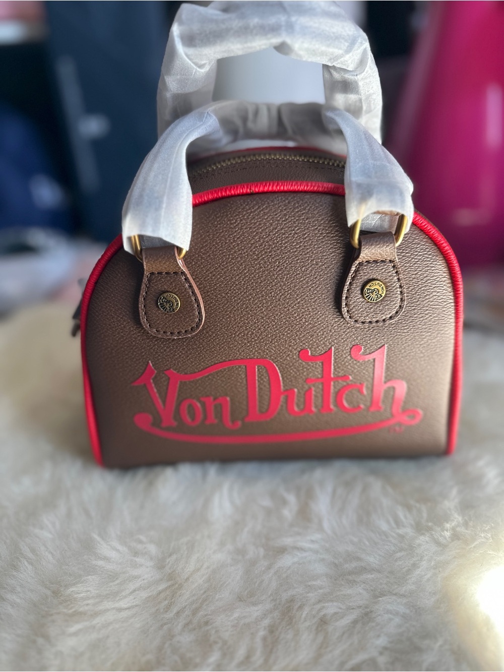 Von Dutch Bowling Bag Brown Red Crossbody Dome Purse Vegan Leather Y2K - Picture 2 of 9